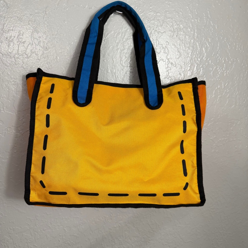 Pop Art 2D Cartoon Style Tote Bag Yellow Orange Blue Graphic Comic Aesthetic